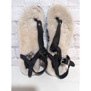 UGG Lou Lou Sheepskin Lined Sandal Black Leather Size 7.5-8 Woman's EUC READ